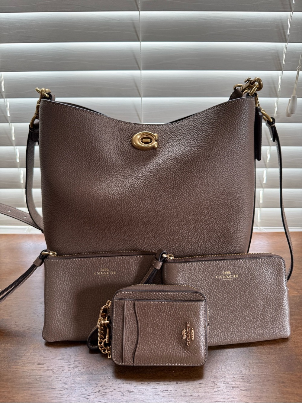 EUC Coach Dark Stone Bundle: Soft Willow Bucket Bag, Zip Card Case, 2 Wristlets